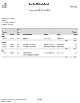 Detail Spend Analysis by Account Run Date: 11/07/2013 Report ID: Sd10007 Transaction Date: 10/01/2013 - 10/31/2013