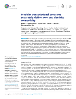 Modular Transcriptional Programs Separately Define Axon and Dendrite Connectivity Yerbol Z Kurmangaliyev1†, Juyoun Yoo2†, Samuel a Locascio1†, S Lawrence Zipursky1*