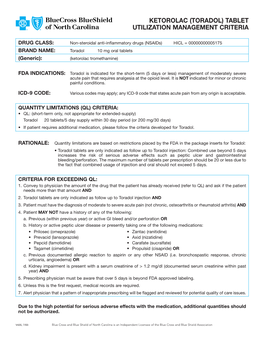 (Toradol) Tablet Utilization Management Criteria