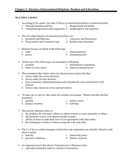 Chapter 3: Theories of International Relations: Realism and Liberalism