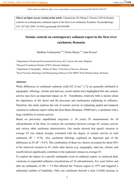 Seismic Controls on Contemporary Sediment Export in the Siret River Catchment, Romania