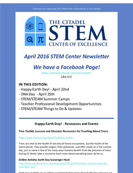 April 2016 STEM Center Newsletter We Have a Facebook Page! Like Us!