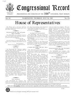 Congressional Record United States Th of America PROCEEDINGS and DEBATES of the 104 CONGRESS, FIRST SESSION