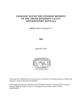 Geologic Map of the Cenozoic Deposits of the Lower Jefferson Valley Southwestern Montana