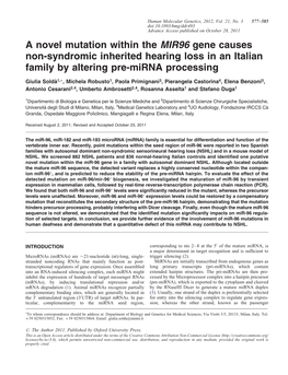 A Novel Mutation Within the MIR96 Gene Causes Non-Syndromic Inherited Hearing Loss in an Italian Family by Altering Pre-Mirna Processing