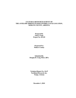 Cultural Resources Survey of the Antelope Springs Flood Control Gauge Location, Mohave County, Arizona