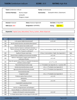 TAXON:Combretum Indicum SCORE:10.0 RATING:High Risk