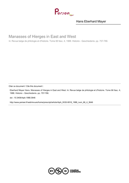 Manasses of Hierges in East and West In: Revue Belge De Philologie Et D'histoire