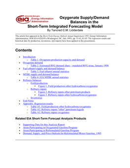 Oxygenate Supply/Demand Balances in the Short-Term Integrated Forecasting Model by Tancred C.M