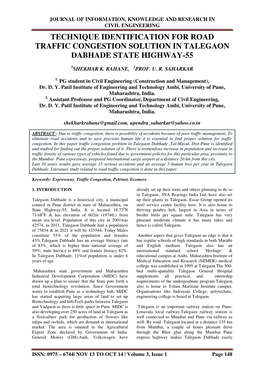 Technique Identification for Road Traffic Congestion Solution in Talegaon Dabhade State Highway-55