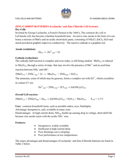 Leclanche´ and Zinc Chloride Cell Systems