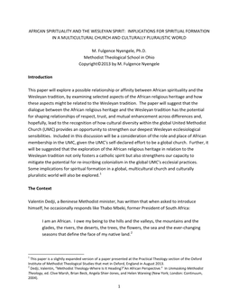 African Spirituality and the Wesleyan Spirit: Implications for Spiritual Formation in a Multicultural Church and Culturally Pluralistic World