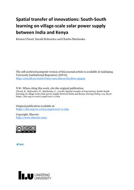 South-South Learning on Village-Scale Solar Power Supply Between India and Kenya Kirsten Ulsrud, Harald Rohracher and Charles Muchunku