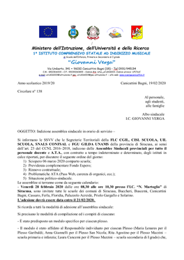 Anno Scolastico 2019/20 Canicattini Bagni, 19/02/2020 Circolare N° 138