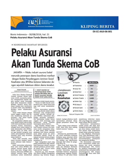 Bisnis Indonesia – 30/08/2016, Hal. 21 Pelaku Asuransi Akan Tunda Skema Cob EX-CC-AAJI-06-001