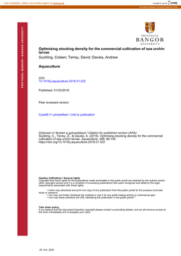 Optimising Stocking Density for the Commercial Cultivation of Sea Urchin