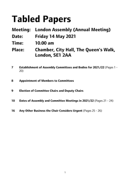 Tabled Papers Agenda Supplement for London Assembly