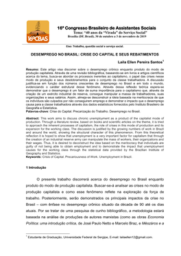 16º Congresso Brasileiro De Assistentes Sociais Tema: “40 Anos Da “Virada” Do Serviço Social” Brasília (DF, Brasil), 30 De Outubro a 3 De Novembro De 2019