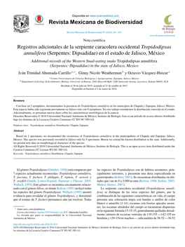 Registros Adicionales De La Serpiente Caracolera Occidental Tropidodipsas