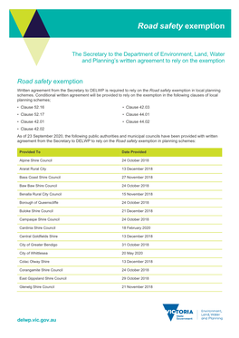 Public Authorities and Municipal Councils with Written Agreement to Access the Road Safety Exemption