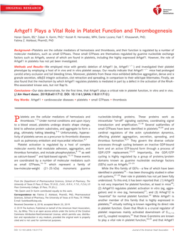 Arhgef1 Plays a Vital Role in Platelet Function and Thrombogenesis Hanan Qasim, BS;* Zubair A