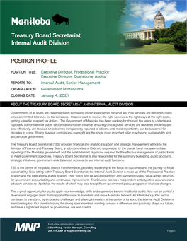 Treasury Board Secretariat Internal Audit Division POSITION PROFILE