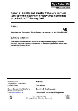 Report of Shipley and Bingley Voluntary Services (SBVS) to the Meeting of Shipley Area Committee to Be Held on 27 January 2016