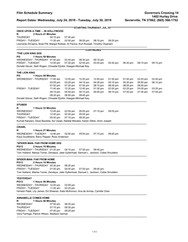 Film Schedule Summary Governors Crossing 14 1402 Hurley Drive Report Dates: Wednesday, July 24, 2019 - Tuesday, July 30, 2019 Sevierville, TN 37862, (865) 366-1752