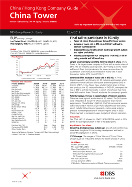 China Tower Version 1 | Bloomberg: 788 HK Equity | Reuters: 0788.HK Refer to Important Disclosures at the End of This Report