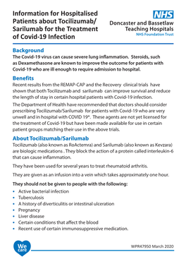 Information for Hospitalised Patients About Tocilizumab/ Sarilumab for the Treatment of Covid-19 Infection