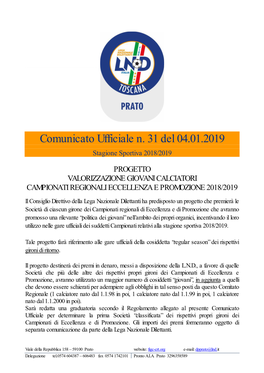 Comunicato Ufficiale N. 31 Del 04.01.2019 Stagione Sportiva 2018/2019