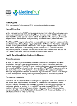 RMRP Gene RNA Component of Mitochondrial RNA Processing Endoribonuclease