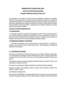 Municipio De Tlahuelilpan, Hgo. Notas a Los Estados Financieros Segundo Trimestre Ejercicio Fiscal 2017