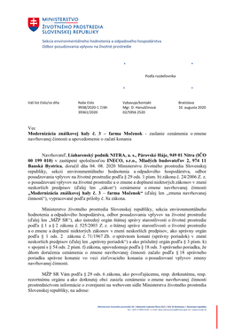 Vec Modernizácia Znáškovej Haly Č. 3 – Farma Močenok - Zaslanie Oznámenia O Zmene Navrhovanej Činnosti a Upovedomenie O Začatí Konania