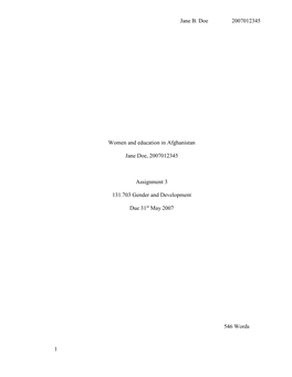 Jane B. Doe 2007012345 1 Women and Education in Afghanistan