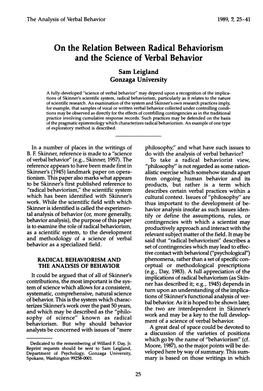 On the Relation Between Radical Behaviorism and the Science of Verbal Behavior Sam Leigland Gonzaga University