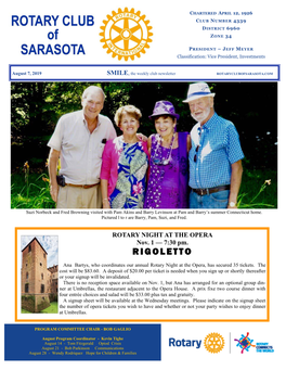 August 7, 2019 SMILE, the Weekly Club Newsletter ROTARYCLUBOFSARASOTA.COM