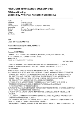 PREFLIGHT INFORMATION BULLETIN (PIB) FIR/Area Briefing Supplied by Avinor Air Navigation Services AS