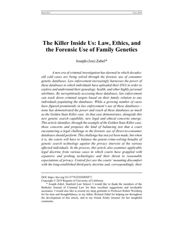The Killer Inside Us: Law, Ethics, and the Forensic Use of Family Genetics