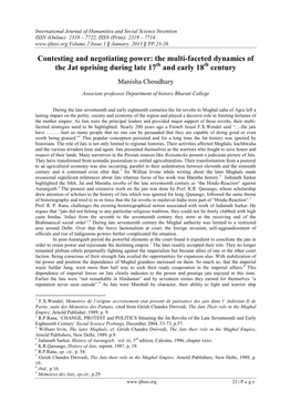 Contesting and Negotiating Power: the Multi-Faceted Dynamics of the Jat Uprising During Late 17Th and Early 18Th Century Manisha Choudhary