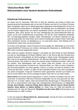 Zwischen-Rede 1989" Dokumentation Einer Deutsch-Deutschen Kulturdebatte