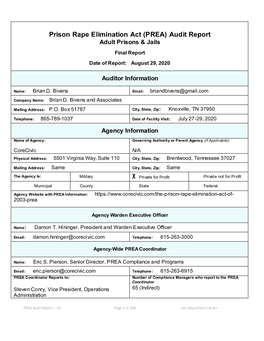 Prison Rape Elimination Act (PREA) Audit Report Adult Prisons & Jails