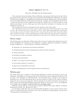 Linear Algebra I: 2017/18 Revision Checklist for the Examination