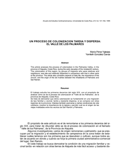 Un Proceso De Colonizacion Tardia Y Dispersa: El Valle De Los Palmares