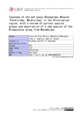 Formicidae, Myrmicinae) in the Afrotropical Region, with a Review of Current Species Groups and Description of a New Species of the N-Angulatus Group from Mozambique