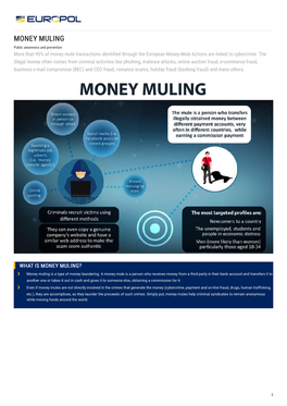 MONEY MULING Public Awareness and Prevention More Than 90% of Money Mule Transactions Identified Through the European Money Mule Actions Are Linked to Cybercrime