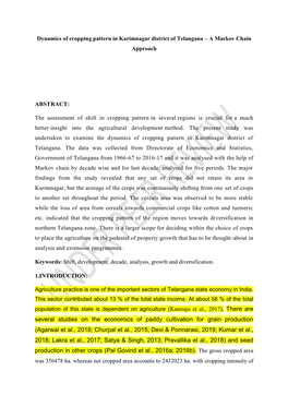 Dynamics of Cropping Pattern in Karimnagar District of Telangana – a Markov Chain Approach