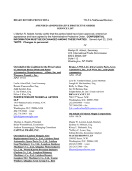 BRAKE ROTORS from CHINA 731-TA-744(Second Review) AMENDED ADMINISTRATIVE PROTECTIVE ORDER SERVICE LIST I, Marilyn R. Abbott, He