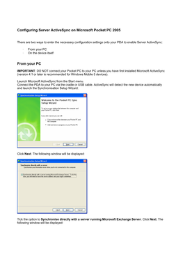 Configuring Server Activesync Microsoft Pocket PC PPC 2005