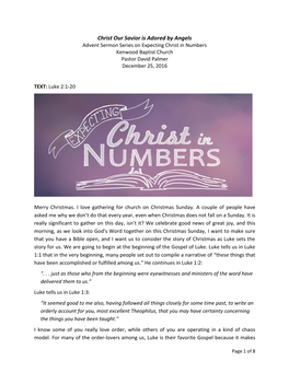 Christ Our Savior Is Adored by Angels Advent Sermon Series on Expecting Christ in Numbers Kenwood Baptist Church Pastor David Palmer December 25, 2016